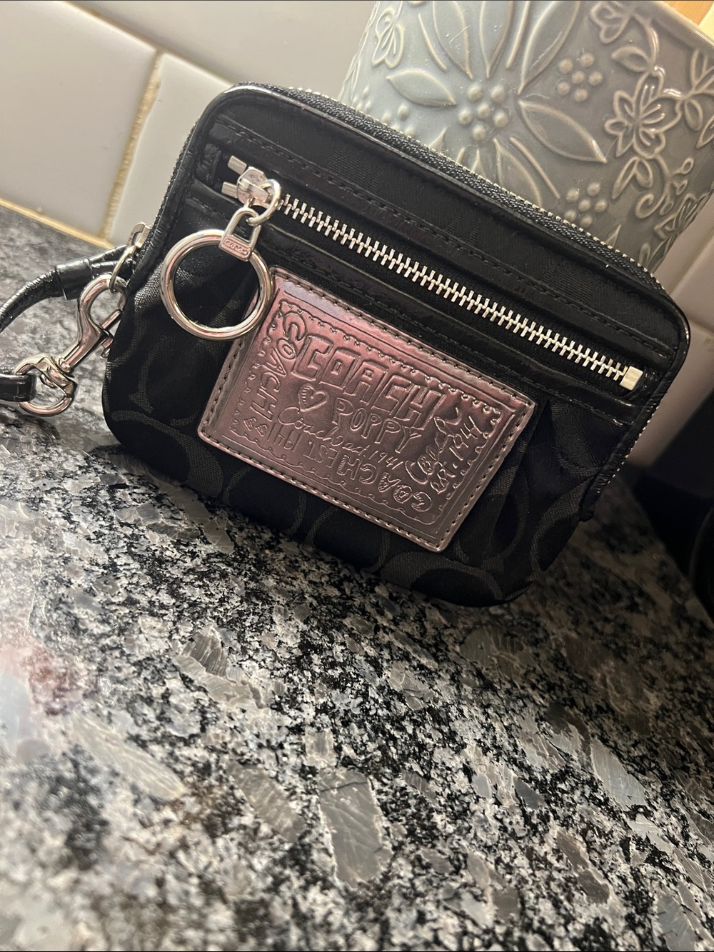 Coach Black Wristlet with Silver Patch and Hardware